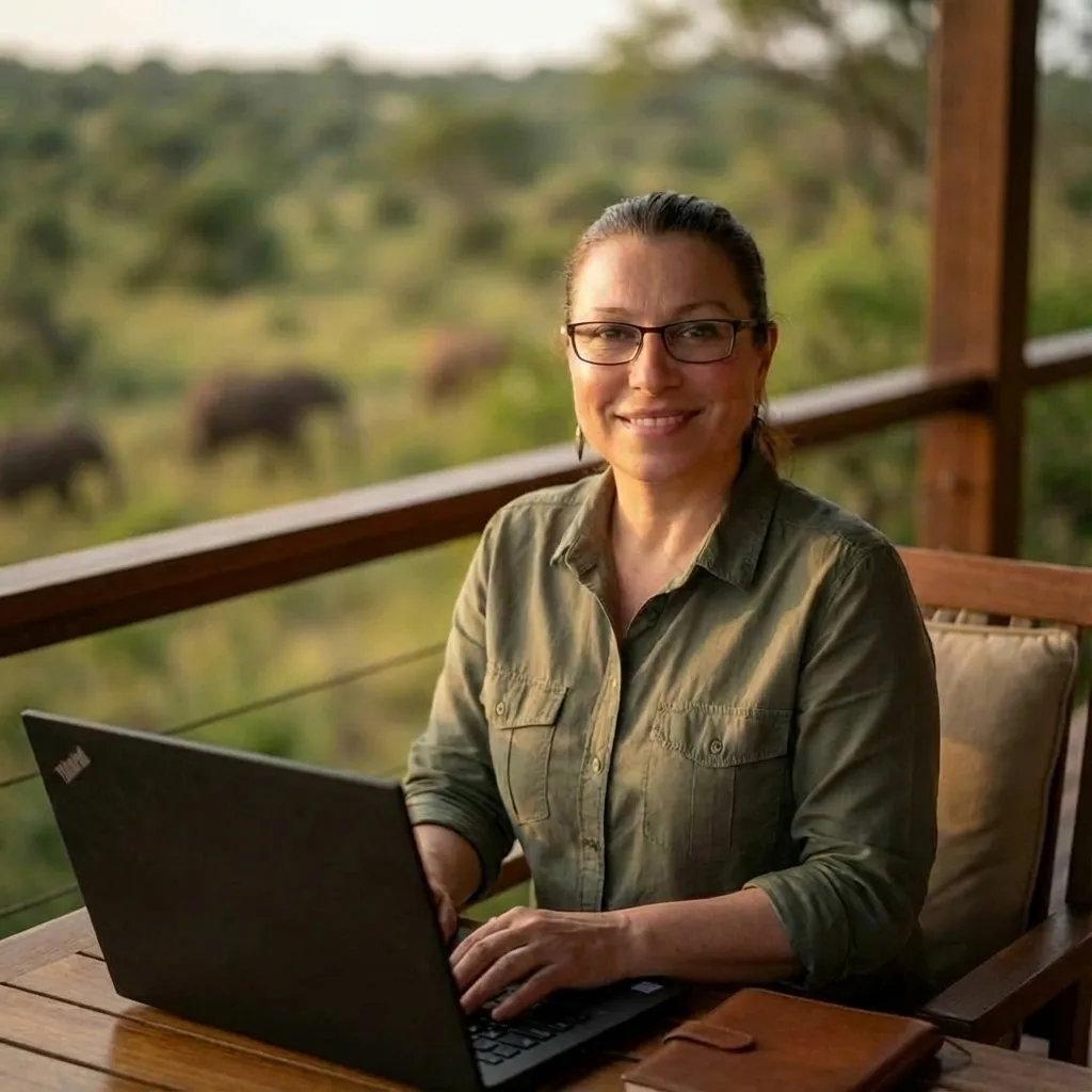 Anya, Blue Koliber travel agency owner, working remotely in Botswana on an experiential travel request from her new client.